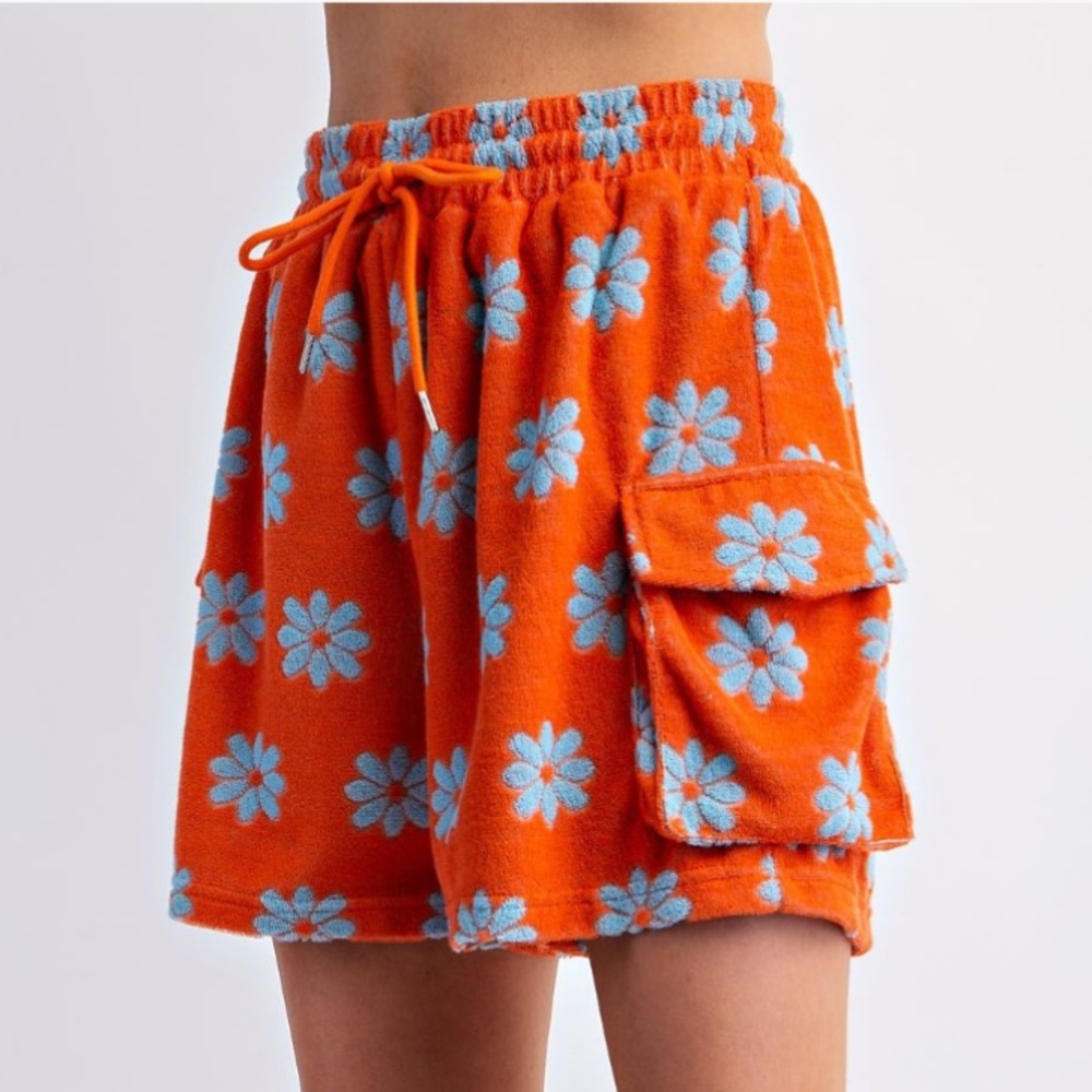 easel Orange Terry Shorts with Light Blue Daisy Print